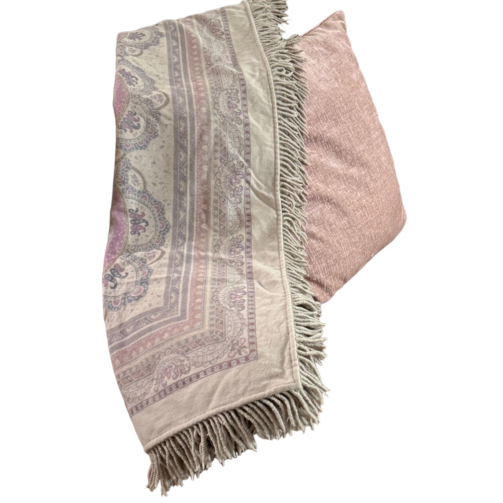 Cream and Pink Woven Throw Blanket with Fringe 31/58 inches